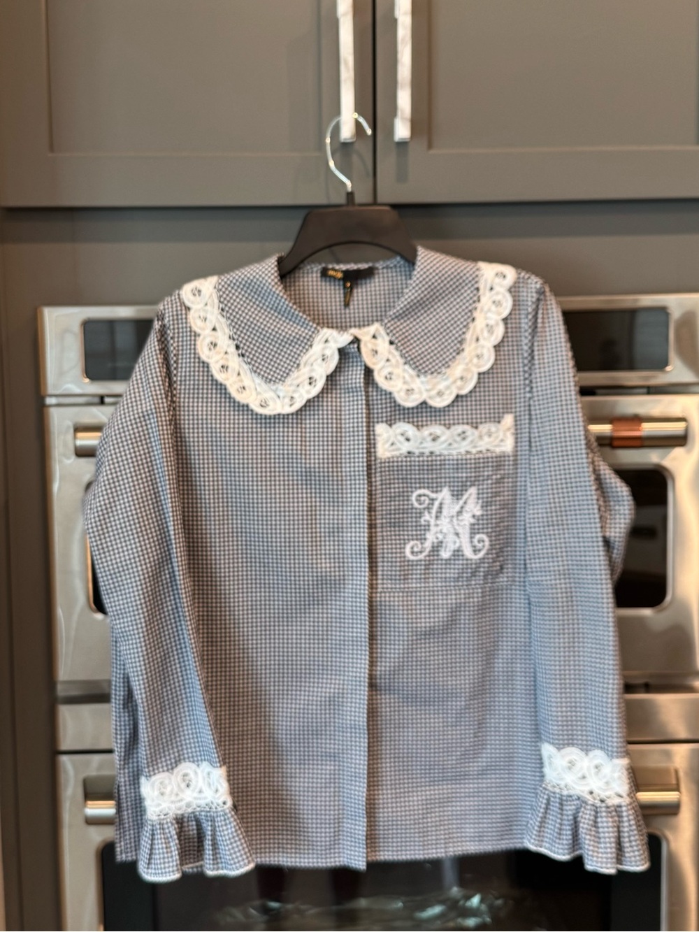 Maje Blue Gingham Shirt with White Lace Collar and Monogram